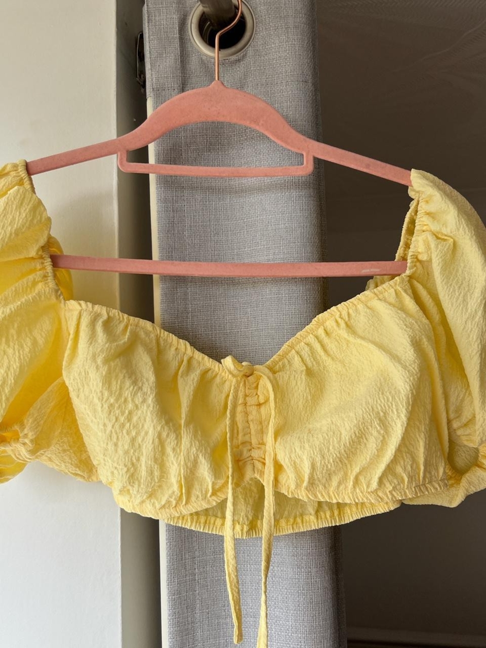 emory park Yellow Puff Sleeve Cropped Tie-Front Top